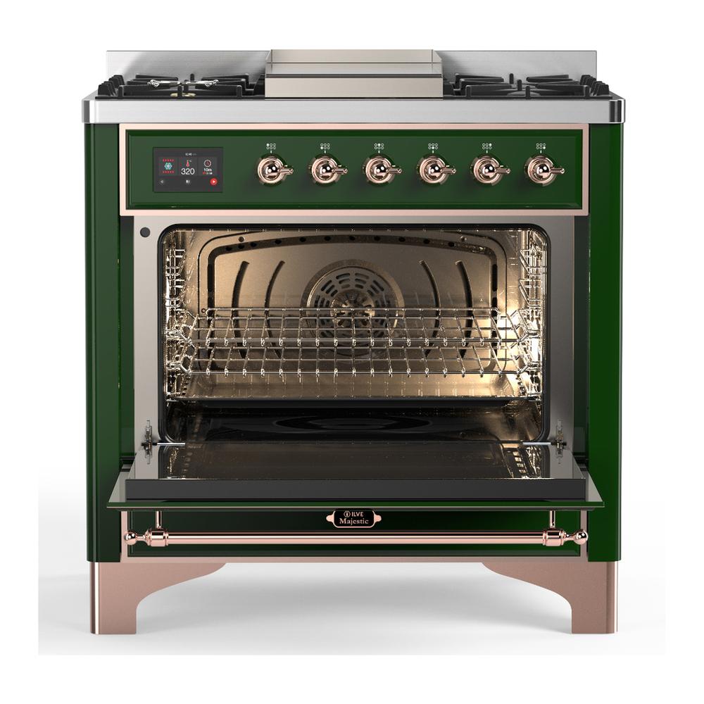 Ilve UM36FQNR3EGP Ilve Um36Fqnr3Egp Majestic Iii 36 Inch Dual Fuel Range With 6 Black Brass Burners And Griddle, Dual Function Burner Up To 25,000 Btu (Solid Door, Emerald Green, Copper, Natural Gas)