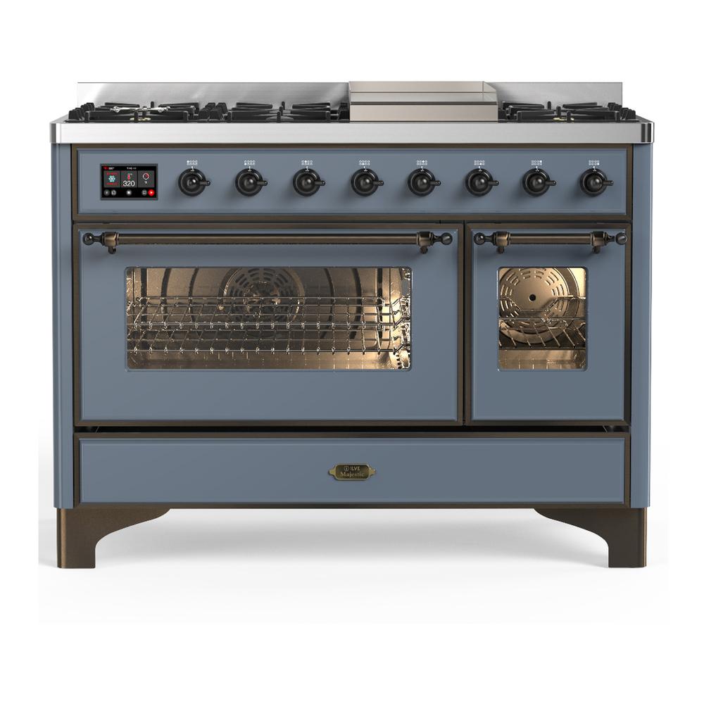 Ilve UM48FNR3BGBLP Ilve Um48Fnr3Bgblp Majestic Iii 48 Inch Dual Fuel Range With 8 Burners And Griddle, Dual Function Burner Up To 25,000 Btu (Liquid Propane, Triple Glass Door, Blue Grey, Burnished)