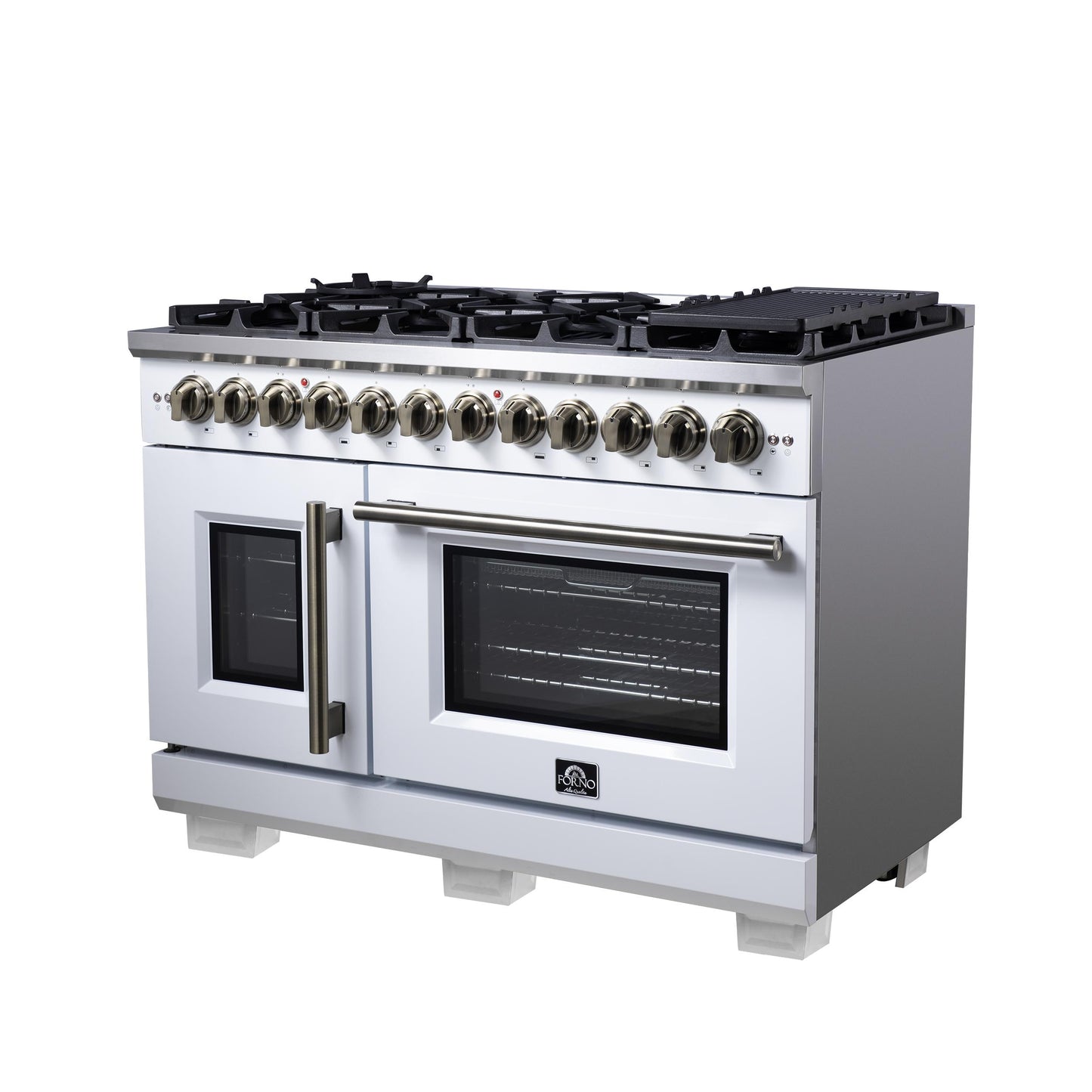 Forno FFSGS638748WHT Forno Capriasca 48 Inch Freestanding French Door Dual Fuel Range In White With Antique Brass Accessories, 8 Burners, True Convection Oven