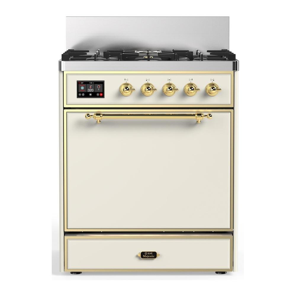 Ilve UM30QNR3AWG Ilve Um30Qnr3Awg Majestic Iii 30 Inch Dual Fuel Range With 5 Black Brass Burners, Dual Function Burner Up To 25,000 Btu (Natural Gas, Solid Door, Antique White, Brass)