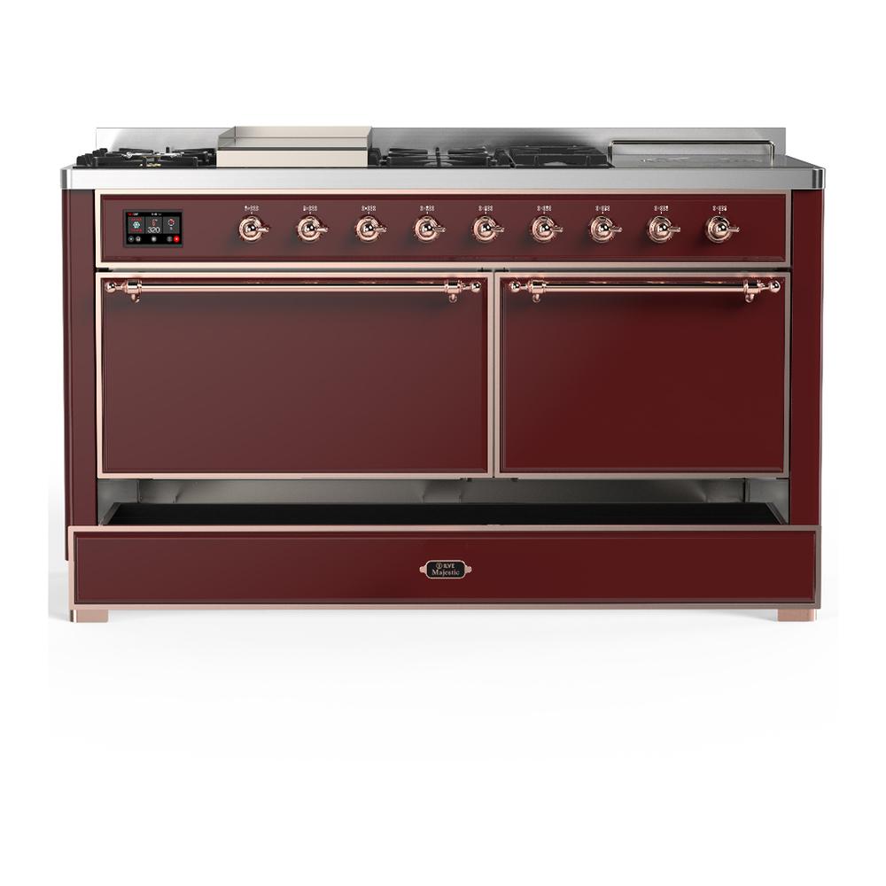 Ilve UM60FSQNR3BUP Ilve Um60Fsqnr3Bup Majestic Iii 60 Inch Dual Fuel Range With 7 Burners, Griddle And French Top, Dual Function Burner With Up To 25,000 Btu (Natural Gas, Solid Door, Burgundy, Copper)