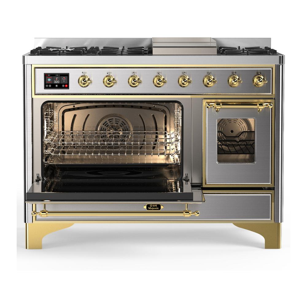 Ilve UM48FNR3SSGLP Ilve Um48Fnr3Ssglp Majestic Iii 48 Inch Dual Fuel Range With 8 Burners And Griddle, Dual Function Burner Up To 25,000 Btu (Liquid Propane, Triple Glass Door, Stainless Steel, Brass)