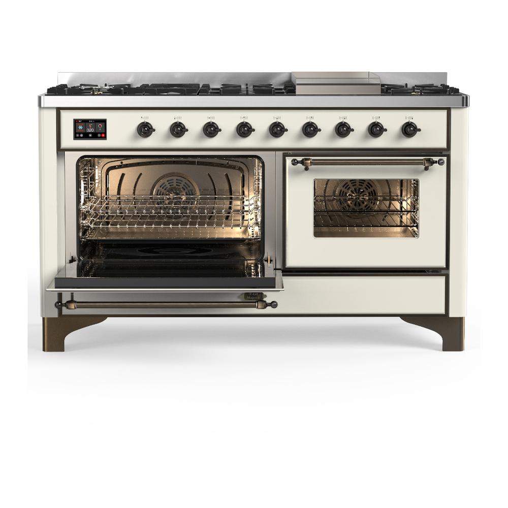 Ilve UM60FNR3AWBLP Ilve Um60Fnr3Awblp Majestic Iii 60 Inch Dual Fuel Range With 9 Burners And Griddle, Dual Function Burner Up To 25,000 Btu (Liquid Propane, Triple Glass Door, Antique White, Burnished)