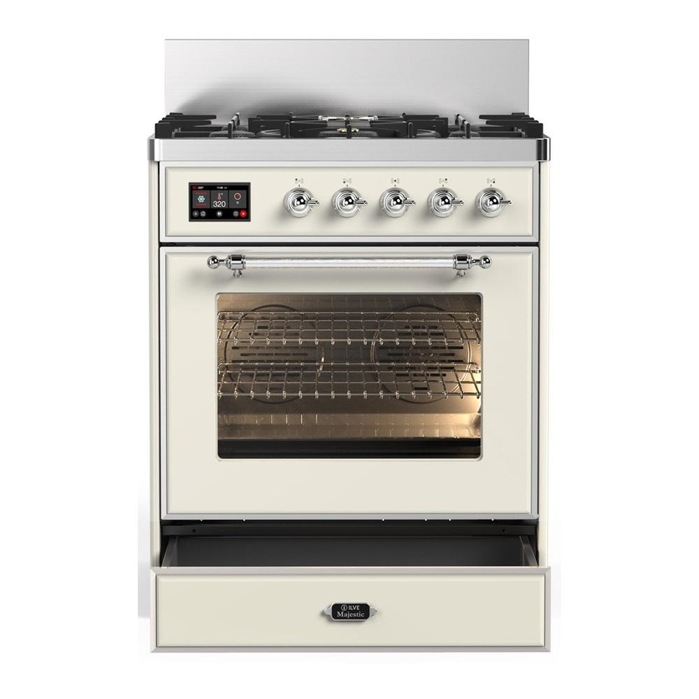 Ilve UM30NR3AWC Ilve Um30Nr3Awc Majestic Iii 30 Inch Dual Fuel Range With 5 Black Brass Burners, Dual Function Burner Up To 25,000 Btu (Natural Gas, Triple Glass Door, Antique White, Chrome)