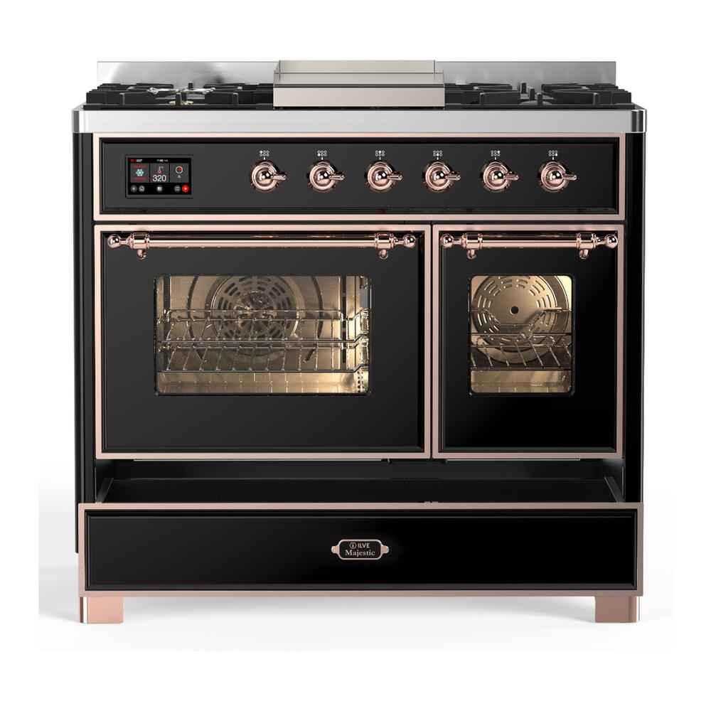 Ilve UMD40FNR3BKP Ilve Umd40Fnr3Bkp Majestic Iii 40 Inch Dual Fuel Range With 6 Burners And Griddle, Dual Function Burner Up To 25,000 Btu (Natural Gas, Triple Glass Door, Glossy Black, Copper)