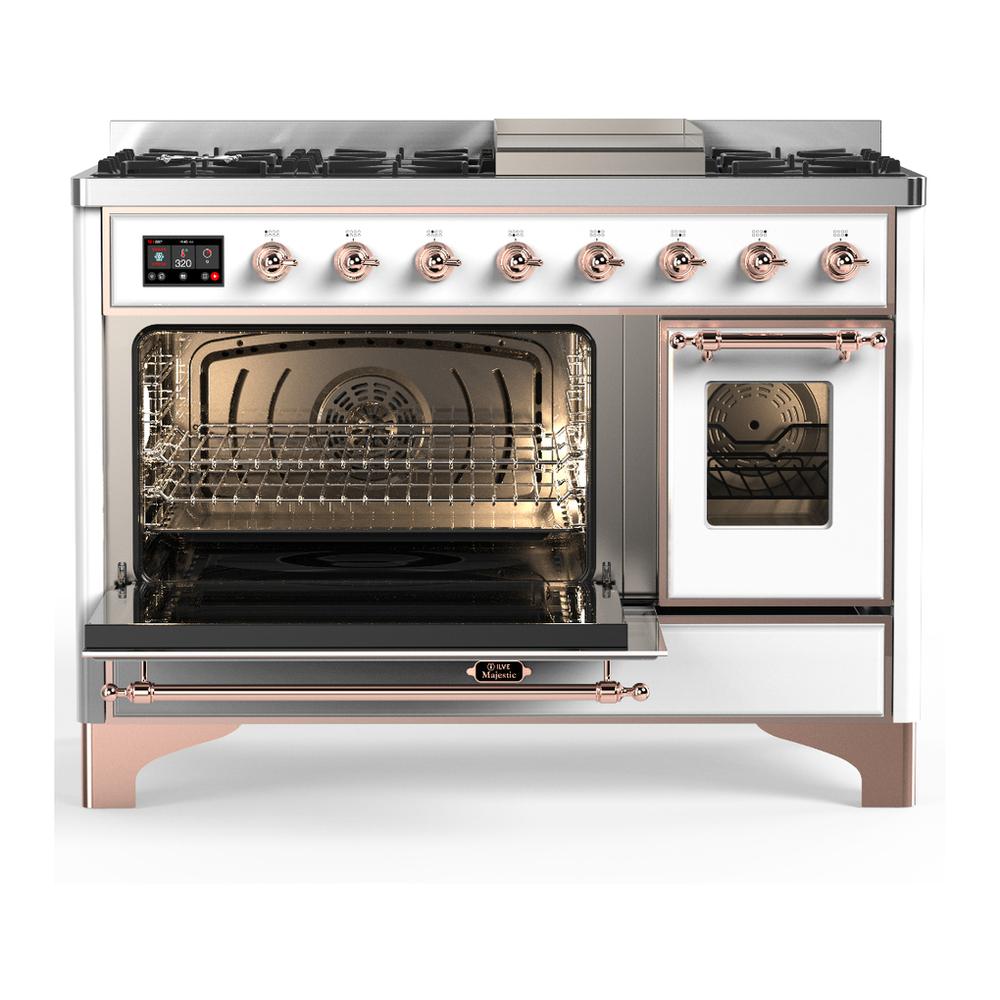 Ilve UM48FNR3WHP Ilve Um48Fnr3Whp Majestic Iii 48 Inch Dual Fuel Range With 8 Burners And Griddle, Dual Function Burner Up To 25,000 Btu (Natural Gas, Triple Glass Door, White, Copper)