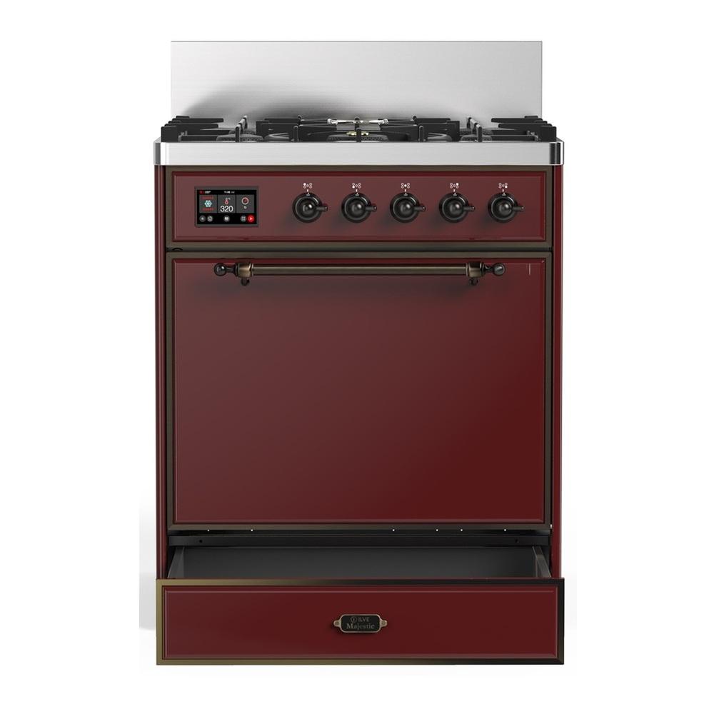 Ilve UM30QNR3BUB Ilve Um30Qnr3Bub Majestic Iii 30 Inch Dual Fuel Range With 5 Black Brass Burners, Dual Function Burner Up To 25,000 Btu (Natural Gas, Solid Door, Burgundy, Burnished)