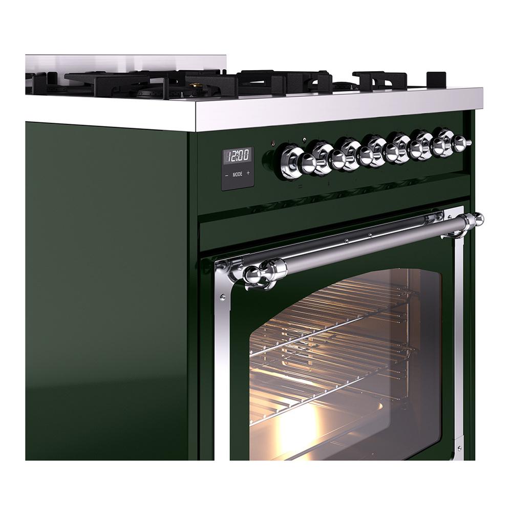 Ilve UN30NMPEGCLP Ilve Un30Nmpegclp Nostalgie Ii Noblesse 30" Dual Fuel Range (Liquid Propane, Triple Glass Door, Emerald Green, Chrome)