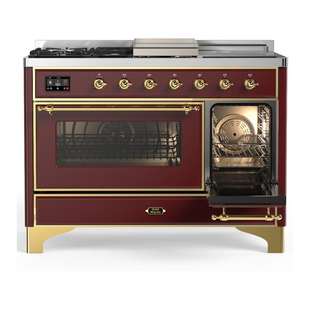 Ilve UM48FSNR3BUG Ilve Um48Fsnr3Bug Majestic Iii 48 Inch Dual Fuel Range With 5 Black Brass Burners, Griddle And French Top, Dual Function Burner Up To 25,000 Btu (Natural Gas, Triple Glass Door, Burgundy, Brass)