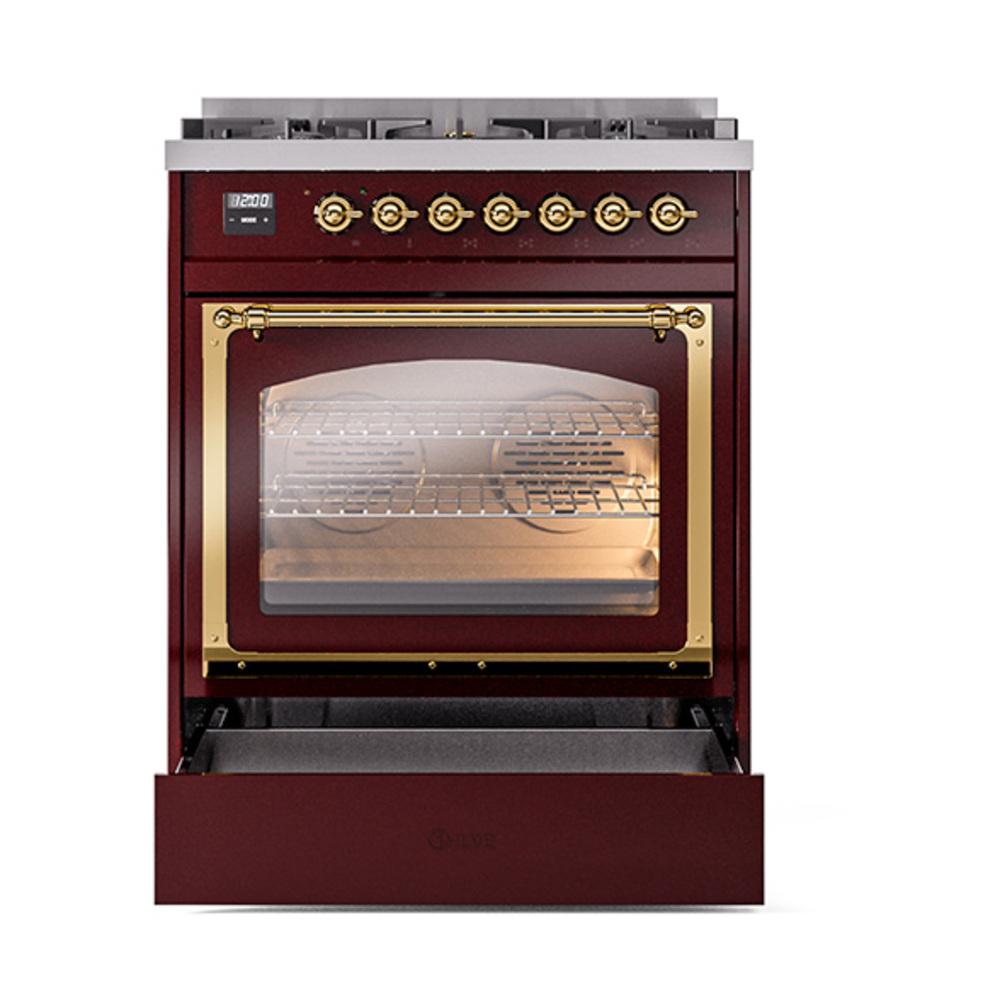 Ilve UN30NMPBUG Ilve Un30Nmpbug Nostalgie Ii Noblesse 30" Dual Fuel Range (Natural Gas, Triple Glass Door, Burgundy, Brass)