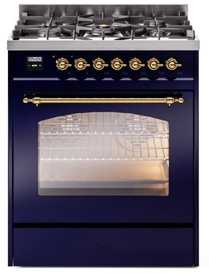 Ilve UP30NMPMBG Nostalgie Ii 30 Inch Dual Fuel Natural Gas Freestanding Range In Blue With Brass Trim