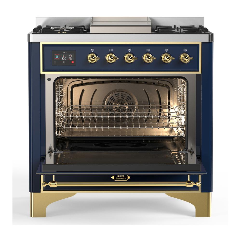 Ilve UM36FQNR3MBGLP Ilve Um36Fqnr3Mbglp Majestic Iii 36 Inch Dual Fuel Range With 6 Black Brass Burners And Griddle, Dual Function Burner Up To 25,000 Btu (Solid Door, Midnight Blue, Brass, Liquid Propane)
