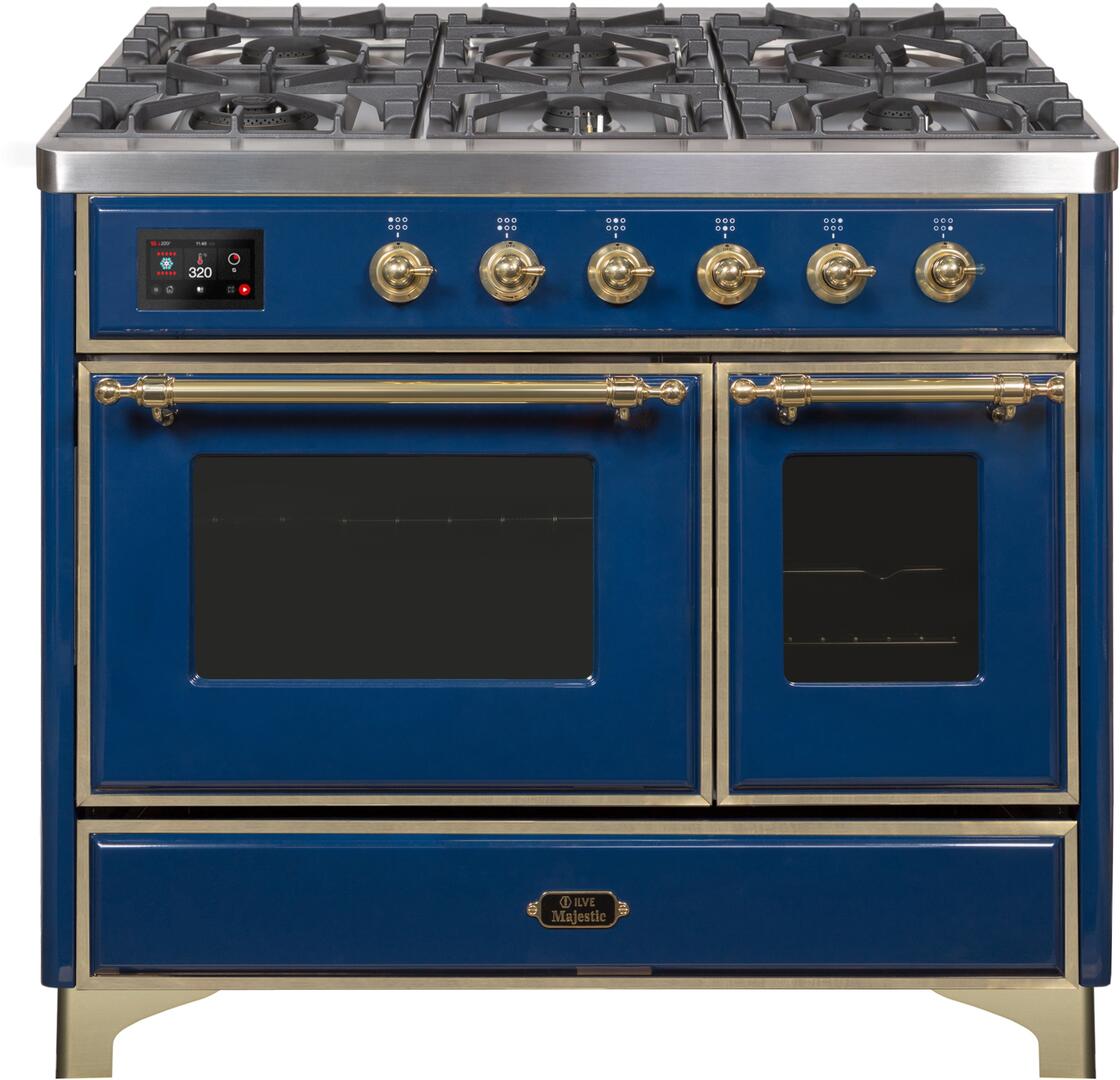 Ilve UMD10FDNS3MBG Majestic Ii 40 Inch Dual Fuel Natural Gas Freestanding Range In Blue With Brass Trim
