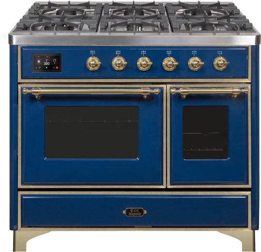 Ilve UMD10FDNS3MBG Majestic Ii 40 Inch Dual Fuel Natural Gas Freestanding Range In Blue With Brass Trim