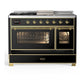 Ilve UM48FSNR3BKGLP Ilve Um48Fsnr3Bkglp Majestic Iii 48 Inch Dual Fuel Range With 5 Black Brass Burners, Griddle And French Top, Dual Function Burner Up To 25,000 Btu (Liquid Propane, Triple Glass Door, Glossy Black, Brass)