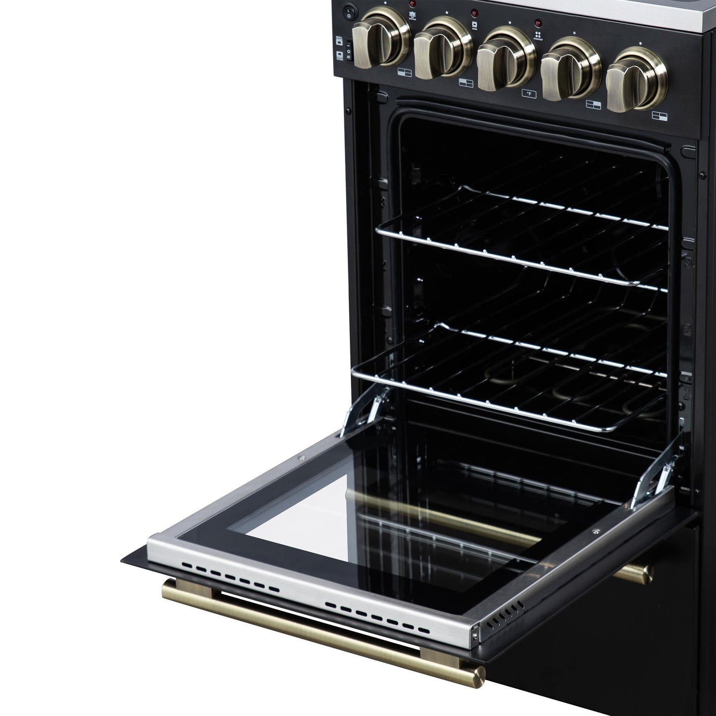 Forno FFSEL605220BLK Forno Pallerano 20 Inch Freestanding Electric Range In Black With Antique Brass, Compact Design