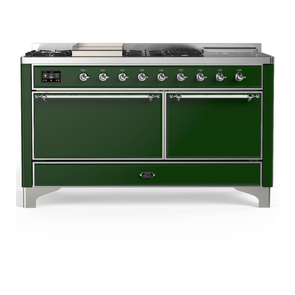 Ilve UM60FSQNR3EGC Ilve Um60Fsqnr3Egc Majestic Iii 60 Inch Dual Fuel Range With 7 Burners, Griddle And French Top, Dual Function Burner With Up To 25,000 Btu (Natural Gas, Solid Door, Emerald Green, Chrome)