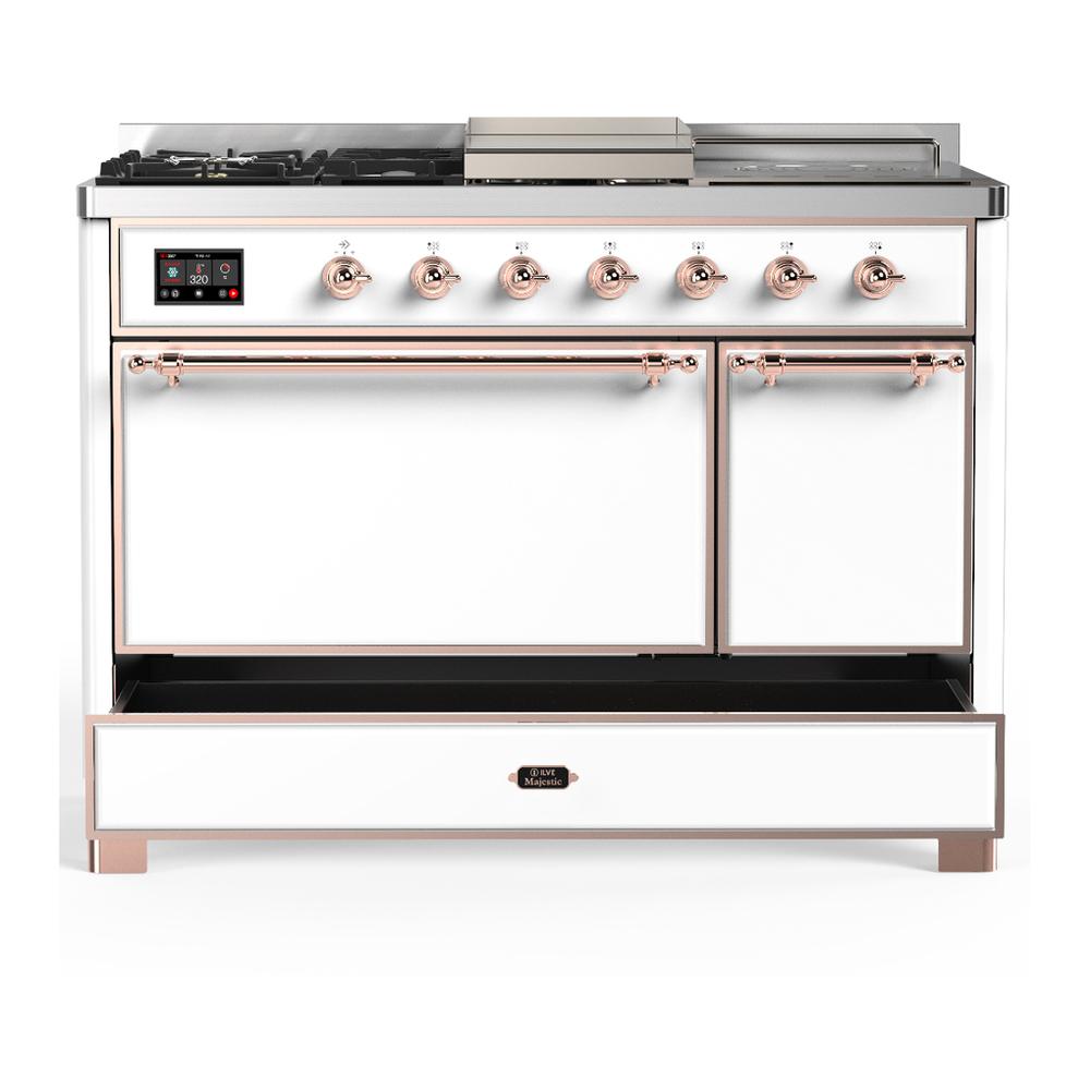 Ilve UM48FSQNR3WHPLP Ilve Um48Fsqnr3Whplp Majestic Iii 48 Inch Dual Fuel Range With 5 Black Brass Burners, Griddle And French Top, Dual Function Burner Up To 25,000 Btu (Liquid Propane, Solid Door, White, Copper)