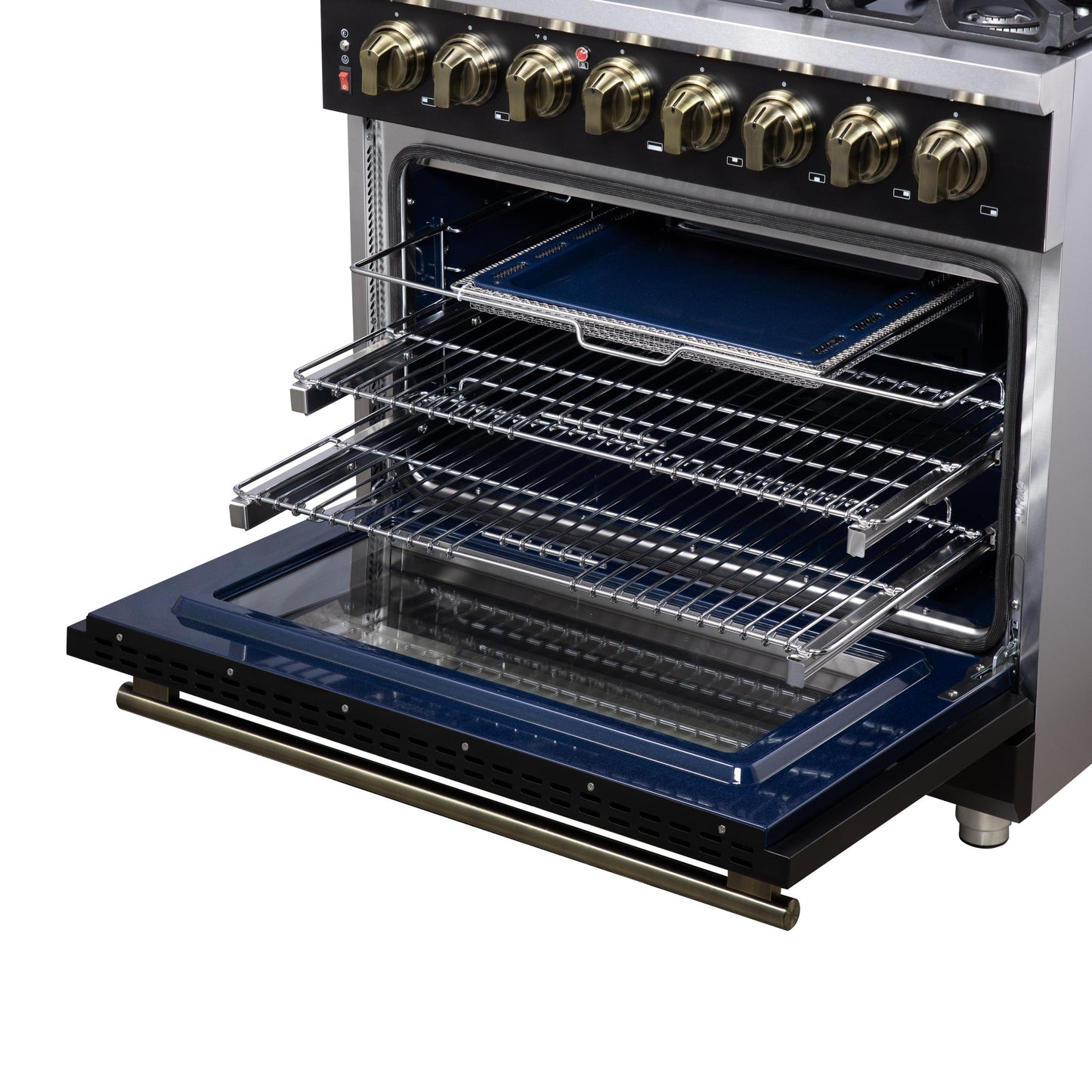 Forno FFSGS612536BLK Forno Massimo 36 Inch Freestanding Dual Fuel Range In Black With Antique Brass Accessories, 6 Burners, 5.36 Cu. Ft. Convection Oven