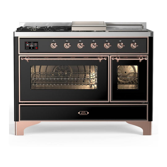 Ilve UM48FSNR3BKPLP Ilve Um48Fsnr3Bkplp Majestic Iii 48 Inch Dual Fuel Range With 5 Black Brass Burners, Griddle And French Top, Dual Function Burner Up To 25,000 Btu (Liquid Propane, Triple Glass Door, Glossy Black, Copper)