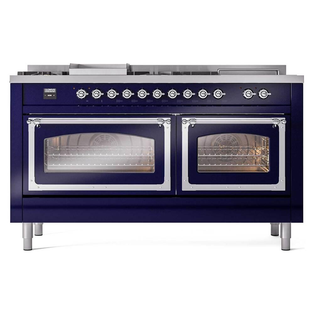 Ilve UN60FSNMPMBCLP Ilve Un60Fsnmpmbclp Nostalgie Ii Noblesse 60" Dual Fuel Range (7 Sealed Burners + Griddle + French Top, Liquid Propane, Triple Glass Door, Midnight Blue, Chrome)