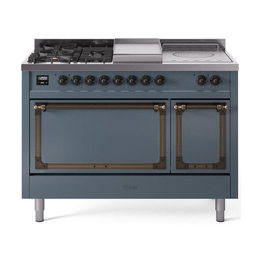 Ilve UN48FSQNMPBGB Ilve Un48Fsqnmpbgb Nostalgie Ii Noblesse 48" Dual Fuel Range (5 Sealed Burners + Griddle + French Top, Natural Gas, Solid Door, Blue Grey, Burnished)