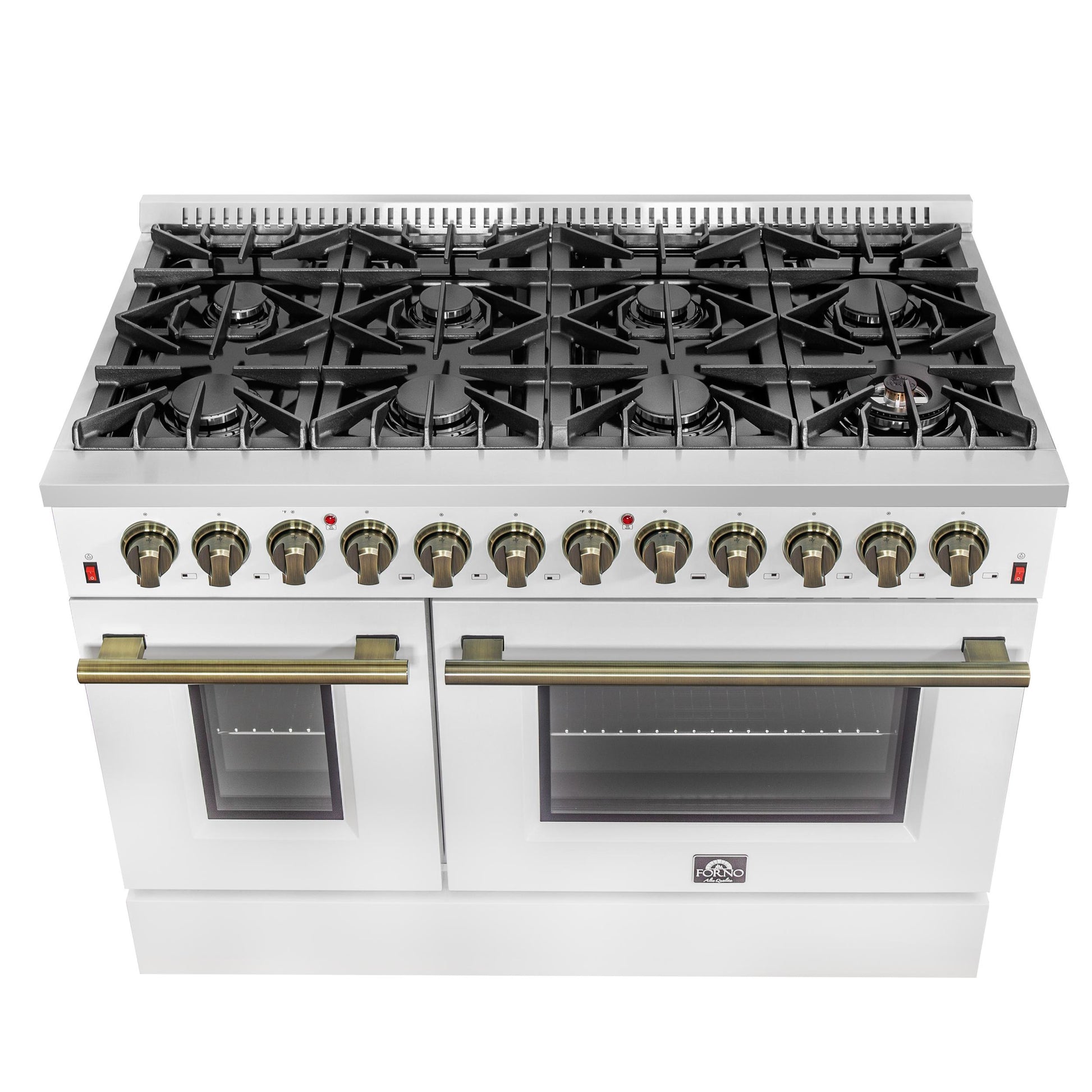Forno FFSGS615648WHT Galiano 48-Inch Dual Fuel Range White & Antique Brass Design With 8 Sealed Burners 107,000 Btu, 6.58 Cu. Ft. Double Ovens & Griddle