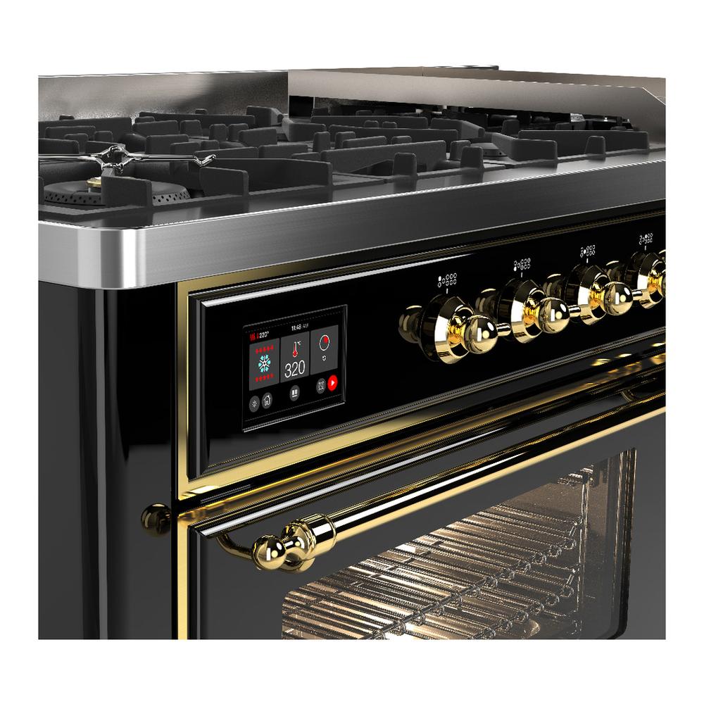 Ilve UM60FNR3BKGLP Ilve Um60Fnr3Bkglp Majestic Iii 60 Inch Dual Fuel Range With 9 Burners And Griddle, Dual Function Burner Up To 25,000 Btu (Liquid Propane, Triple Glass Door, Glossy Black, Brass)