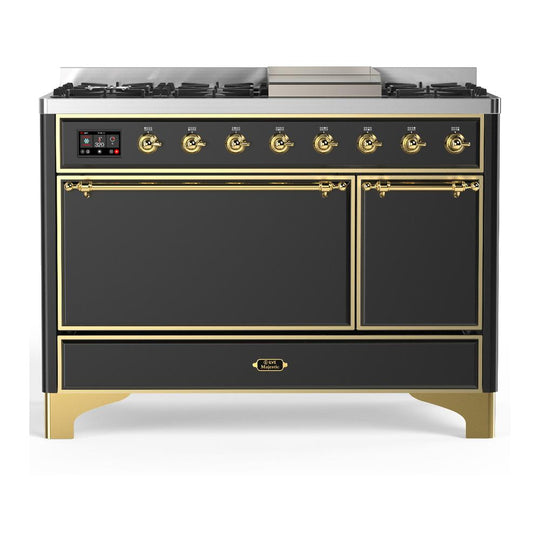 Ilve UM48FQNR3MGGLP Ilve Um48Fqnr3Mgglp Majestic Iii 48 Inch Dual Fuel Range With 8 Burners And Griddle, Dual Function Burner Up To 25,000 Btu (Liquid Propane, Solid Door, Graphite Matte, Brass)