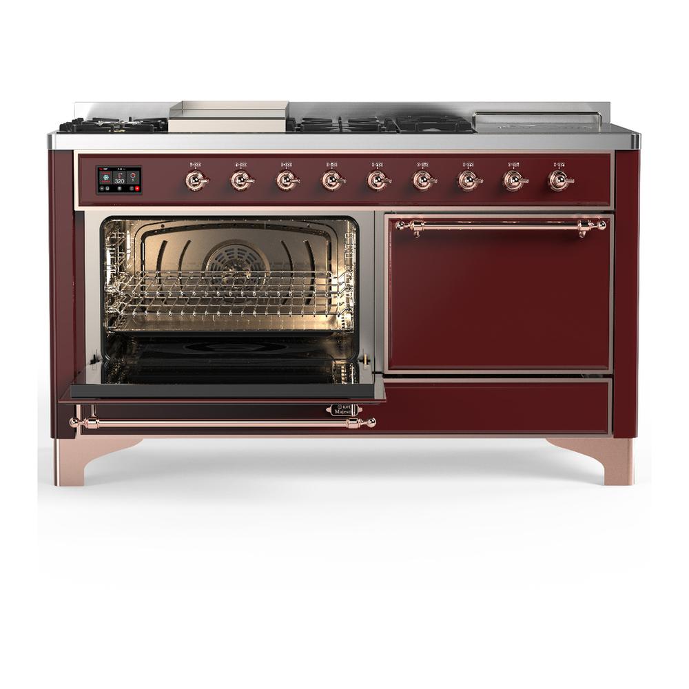 Ilve UM60FSQNR3BUP Ilve Um60Fsqnr3Bup Majestic Iii 60 Inch Dual Fuel Range With 7 Burners, Griddle And French Top, Dual Function Burner With Up To 25,000 Btu (Natural Gas, Solid Door, Burgundy, Copper)