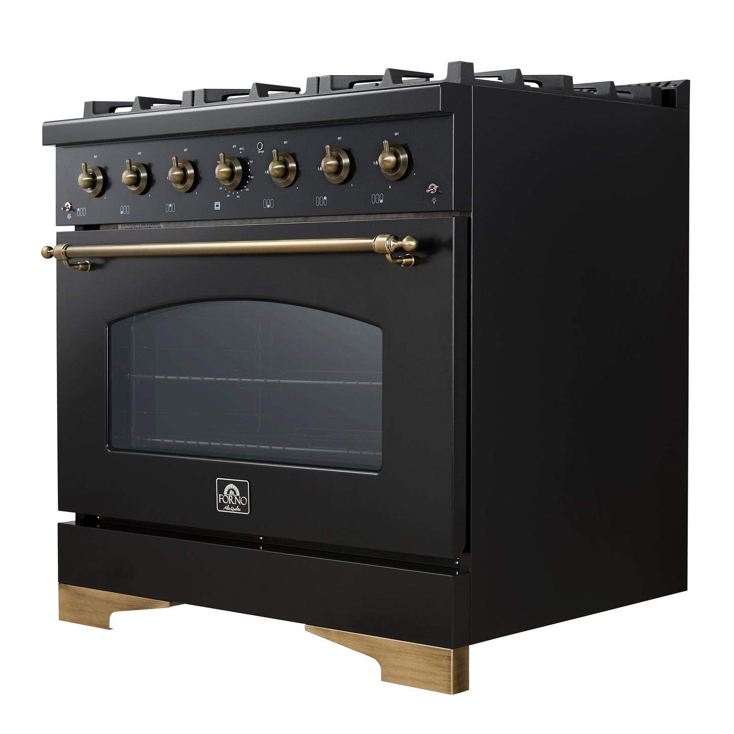 Forno FFSGS621936BLK Forno Antico 36-Inch Freestanding Gas Range, Black, Antique Brass Design, 6 Burners, Convection Oven, Energy Efficient