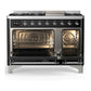 Ilve UM48FNR3BKC Ilve Um48Fnr3Bkc Majestic Iii 48 Inch Dual Fuel Range With 8 Burners And Griddle, Dual Function Burner Up To 25,000 Btu (Natural Gas, Triple Glass Door, Glossy Black, Chrome)