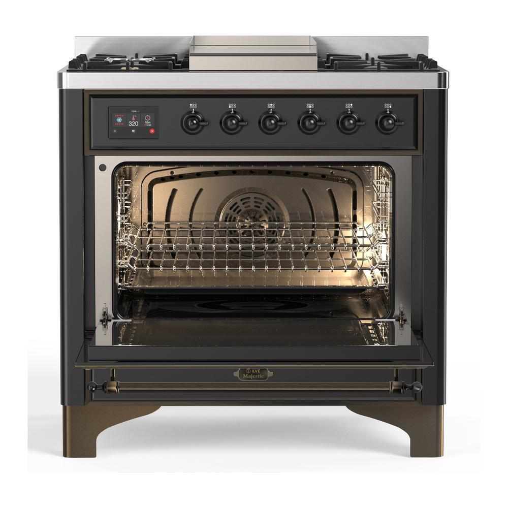 Ilve UM36FNR3MGB Ilve Um36Fnr3Mgb Majestic Iii 36 Inch Dual Fuel Range With 6 Black Brass Burners And Griddle, Dual Function Burner Up To 25,000 Btu (Triple Glass Door, Graphite Matte, Burnished, Natural Gas)