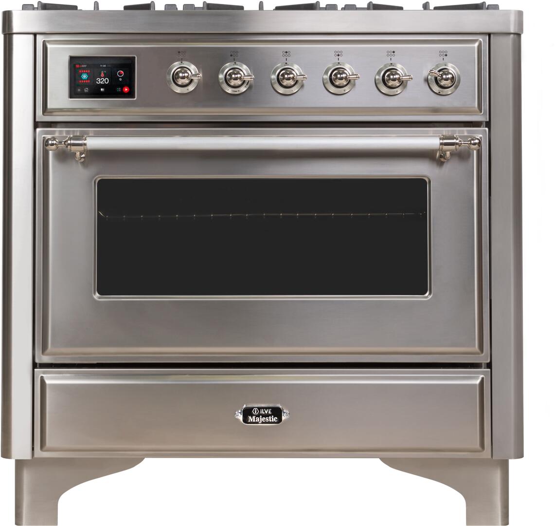 Ilve UM09FDNS3SSC Majestic Ii 36 Inch Dual Fuel Natural Gas Freestanding Range In Stainless Steel With Chrome Trim