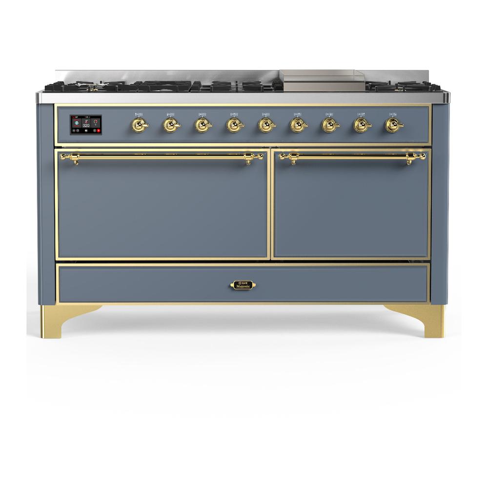 Ilve UM60FQNR3BGG Ilve Um60Fqnr3Bgg Majestic Iii 60 Inch Dual Fuel Range With 9 Burners And Griddle, Dual Function Burner Up To 25,000 Btu (Natural Gas, Solid Door, Blue Grey, Brass)
