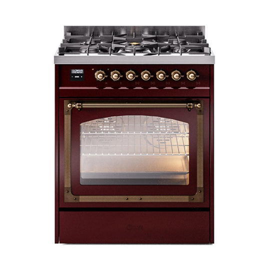 Ilve UN30NMPBUB Ilve Un30Nmpbub Nostalgie Ii Noblesse 30" Dual Fuel Range (Natural Gas, Triple Glass Door, Burgundy, Burnished)