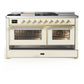 Ilve UM60FSNR3AWGLP Ilve Um60Fsnr3Awglp Majestic Iii 60 Inch Dual Fuel Range With 7 Burners, Griddle And French Top, Dual Function Burner With Up To 25,000 Btu (Liquid Propane, Triple Glass Door, Antique White, Brass)