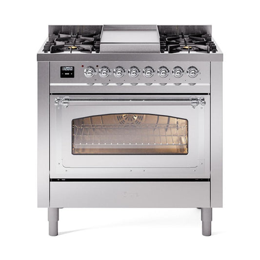 Ilve UN36FNMPSSCLP Ilve Un36Fnmpssclp Nostalgie Ii Noblesse 36" Dual Fuel Range (Liquid Propane, Triple Glass Door, Stainless Steel, Chrome)