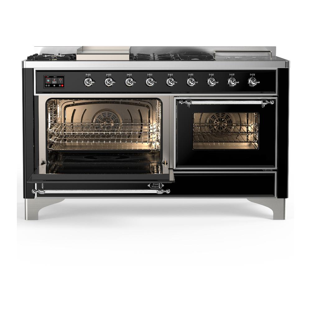 Ilve UM60FSNR3BKC Ilve Um60Fsnr3Bkc Majestic Iii 60 Inch Dual Fuel Range With 7 Burners, Griddle And French Top, Dual Function Burner With Up To 25,000 Btu (Natural Gas, Triple Glass Door, Glossy Black, Chrome)
