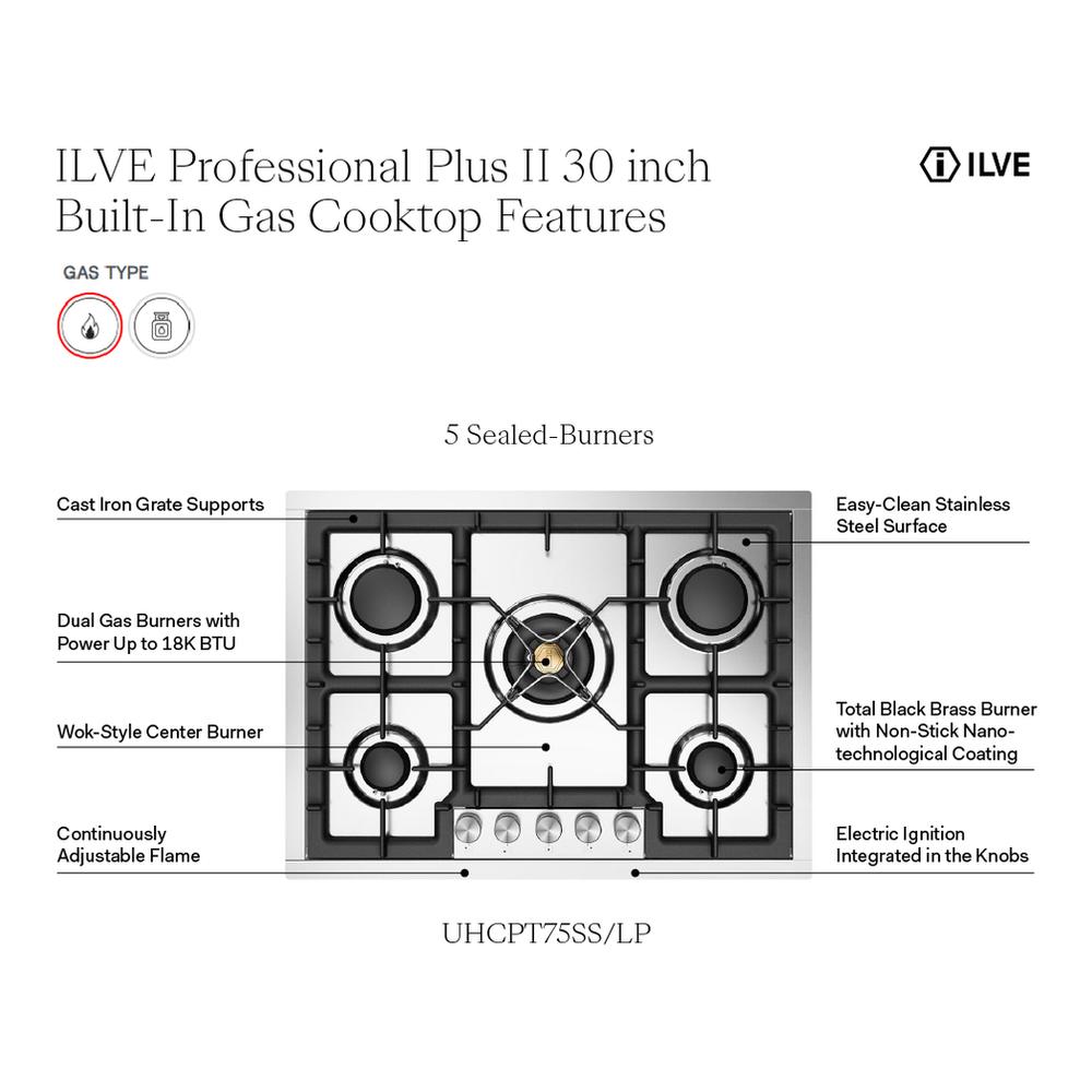 Ilve UHCPT75SSLP Ilve Uhcpt75Sslp Professional Plus Ii 30 Inch Built-In Gas Cooktop With 5 Burners, In Stainless Steel (Liquid Propane)