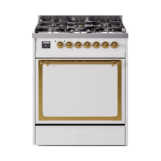 Ilve UN30QNMPWHGLP Ilve Un30Qnmpwhglp Nostalgie Ii Noblesse 30" Dual Fuel Range (Liquid Propane, Solid Door, White, Brass)