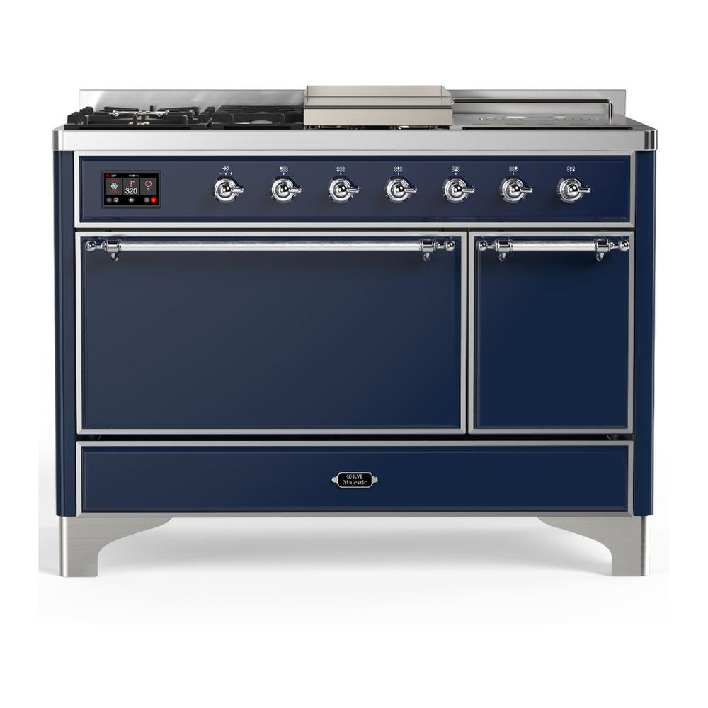 Ilve UM48FSQNR3MBCLP Ilve Um48Fsqnr3Mbclp Majestic Iii 48 Inch Dual Fuel Range With 5 Black Brass Burners, Griddle And French Top, Dual Function Burner Up To 25,000 Btu (Liquid Propane, Solid Door, Midnight Blue, Chrome)