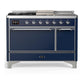 Ilve UM48FSQNR3MBCLP Ilve Um48Fsqnr3Mbclp Majestic Iii 48 Inch Dual Fuel Range With 5 Black Brass Burners, Griddle And French Top, Dual Function Burner Up To 25,000 Btu (Liquid Propane, Solid Door, Midnight Blue, Chrome)