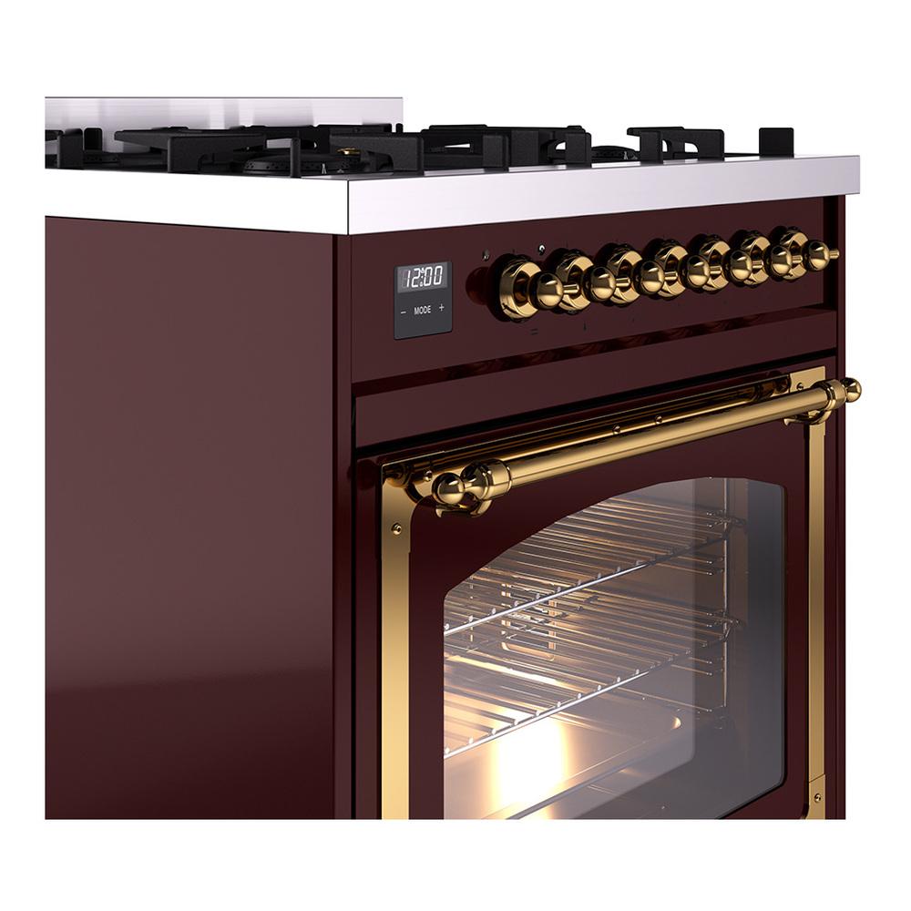 Ilve UN30NMPBUG Ilve Un30Nmpbug Nostalgie Ii Noblesse 30" Dual Fuel Range (Natural Gas, Triple Glass Door, Burgundy, Brass)