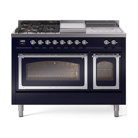 Ilve UN48FSNMPMBC Ilve Un48Fsnmpmbc Nostalgie Ii Noblesse 48" Dual Fuel Range (5 Sealed Burners + Griddle + French Top, Natural Gas, Triple Glass Door, Midnight Blue, Chrome)