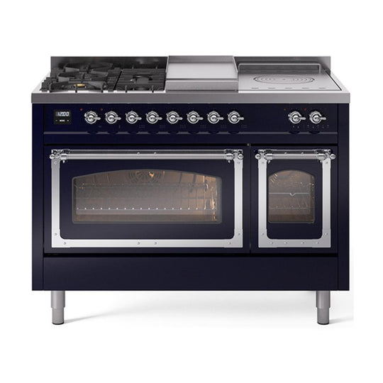Ilve UN48FSNMPMBC Ilve Un48Fsnmpmbc Nostalgie Ii Noblesse 48" Dual Fuel Range (5 Sealed Burners + Griddle + French Top, Natural Gas, Triple Glass Door, Midnight Blue, Chrome)