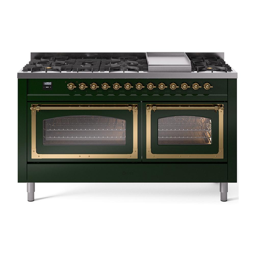 Ilve UN60FNMPEGG Ilve Un60Fnmpegg Nostalgie Ii Noblesse 60" Dual Fuel Range (9 Sealed Burners + Griddle, Natural Gas, Triple Glass Door, Emerald Green, Brass)