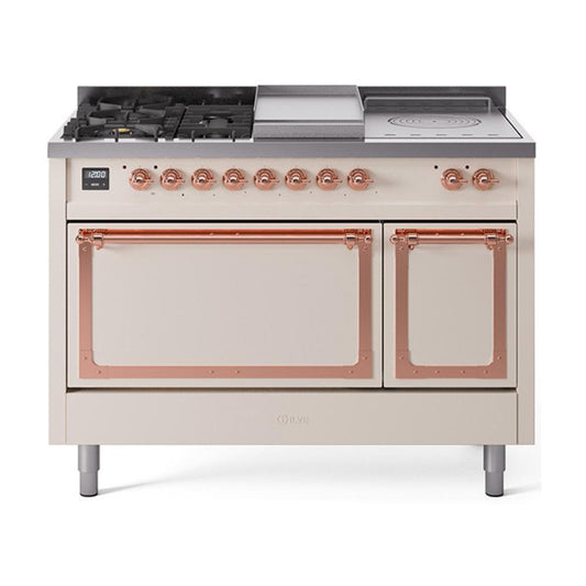 Ilve UN48FSQNMPAWPLP Ilve Un48Fsqnmpawplp Nostalgie Ii Noblesse 48" Dual Fuel Range (5 Sealed Burners + Griddle + French Top, Liquid Propane, Solid Door, Antique White, Copper)