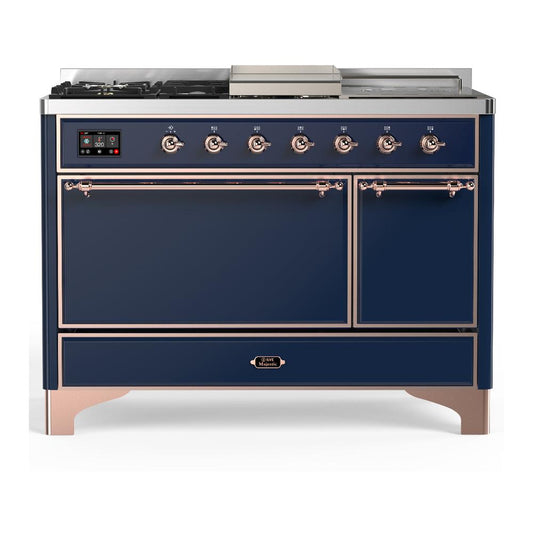 Ilve UM48FSQNR3MBP Ilve Um48Fsqnr3Mbp Majestic Iii 48 Inch Dual Fuel Range With 5 Black Brass Burners, Griddle And French Top, Dual Function Burner Up To 25,000 Btu (Natural Gas, Solid Door, Midnight Blue, Copper)