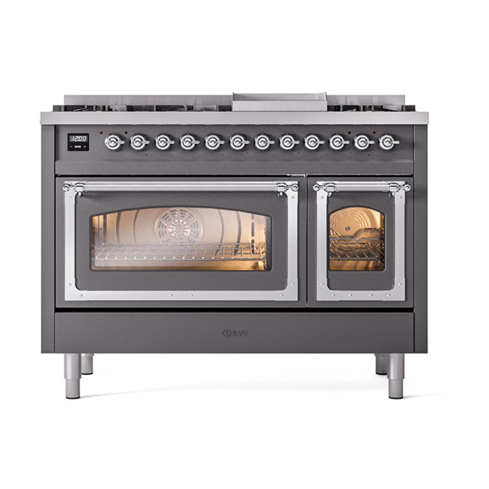 Ilve UN48FNMPMGC Ilve Un48Fnmpmgc Nostalgie Ii Noblesse 48" Dual Fuel Range (8 Sealed Burners + Griddle, Natural Gas, Triple Glass Door, Graphite Matte, Chrome)